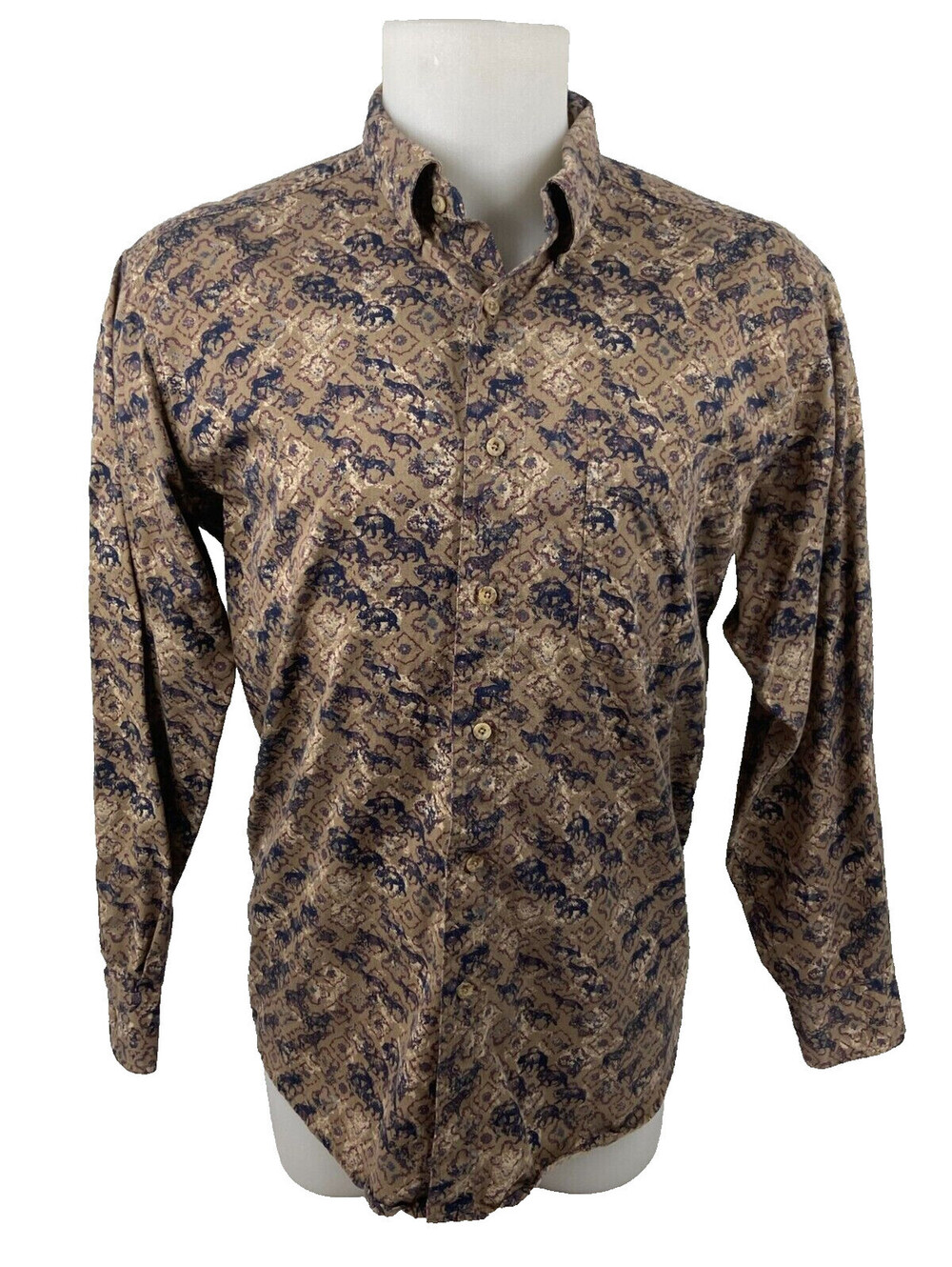 Woolrich Men Large Long Sleeve Shirt Wildlife Wolf Bear Moose Brown Blue